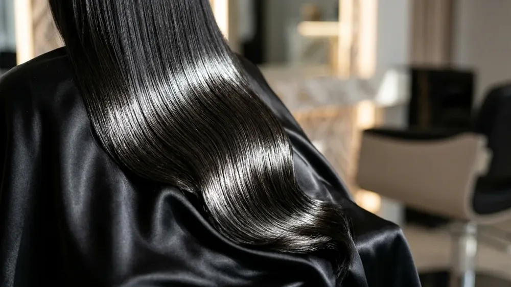 Fios de cabelo perfeitamente alinhados demonstrando elasticidade mecânica e brilho espelhado